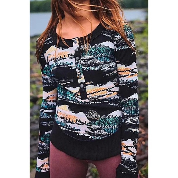 Free People Tops - FP Movement Free People Rally Ribbed Top Black Diamond Henley Size Large H14025